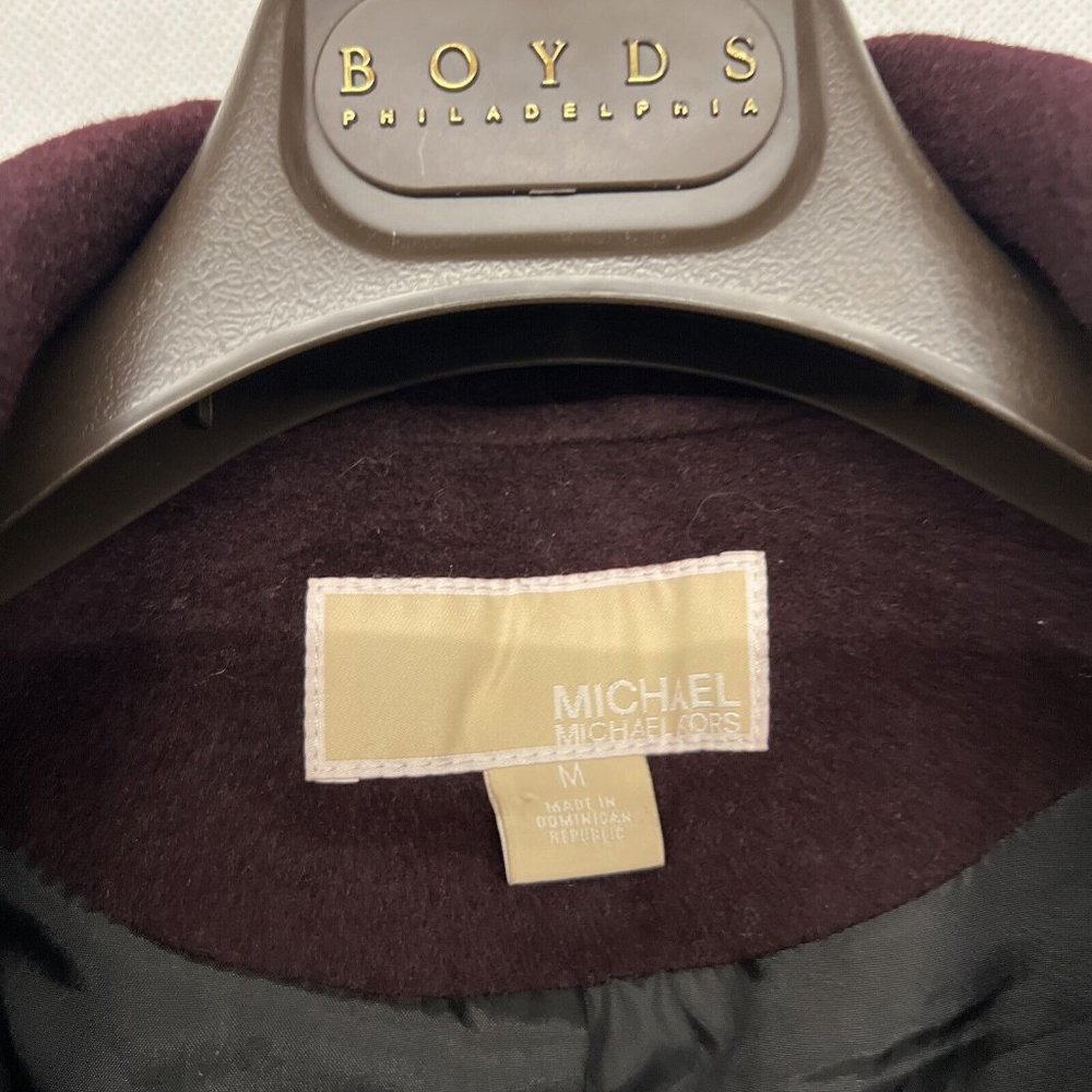 NEW Sz Medium M Michael Kors Belted faux Leather Trim Wool Hooded Coat Burgundy - Picture 7 of 9